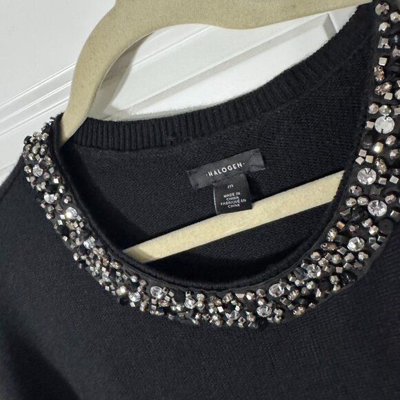 Halogen Women's Black Cold Shoulder Rhinestone Viscose Cashmere Blend Sweater M - Picture 3 of 13